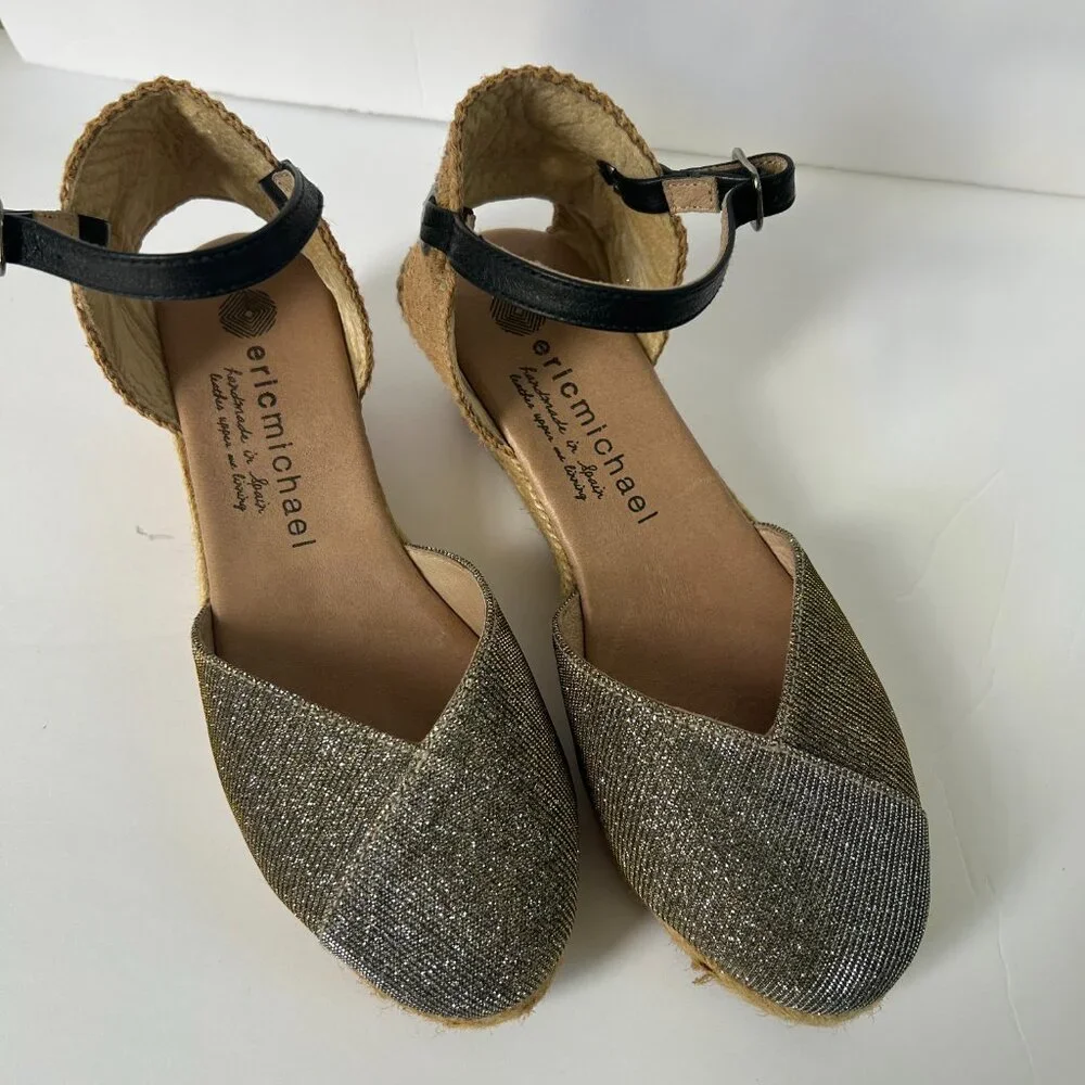 Eric Michael Copa Metallic Espadrille Sandal Ankle Strap 6 Comfort Spain Summer